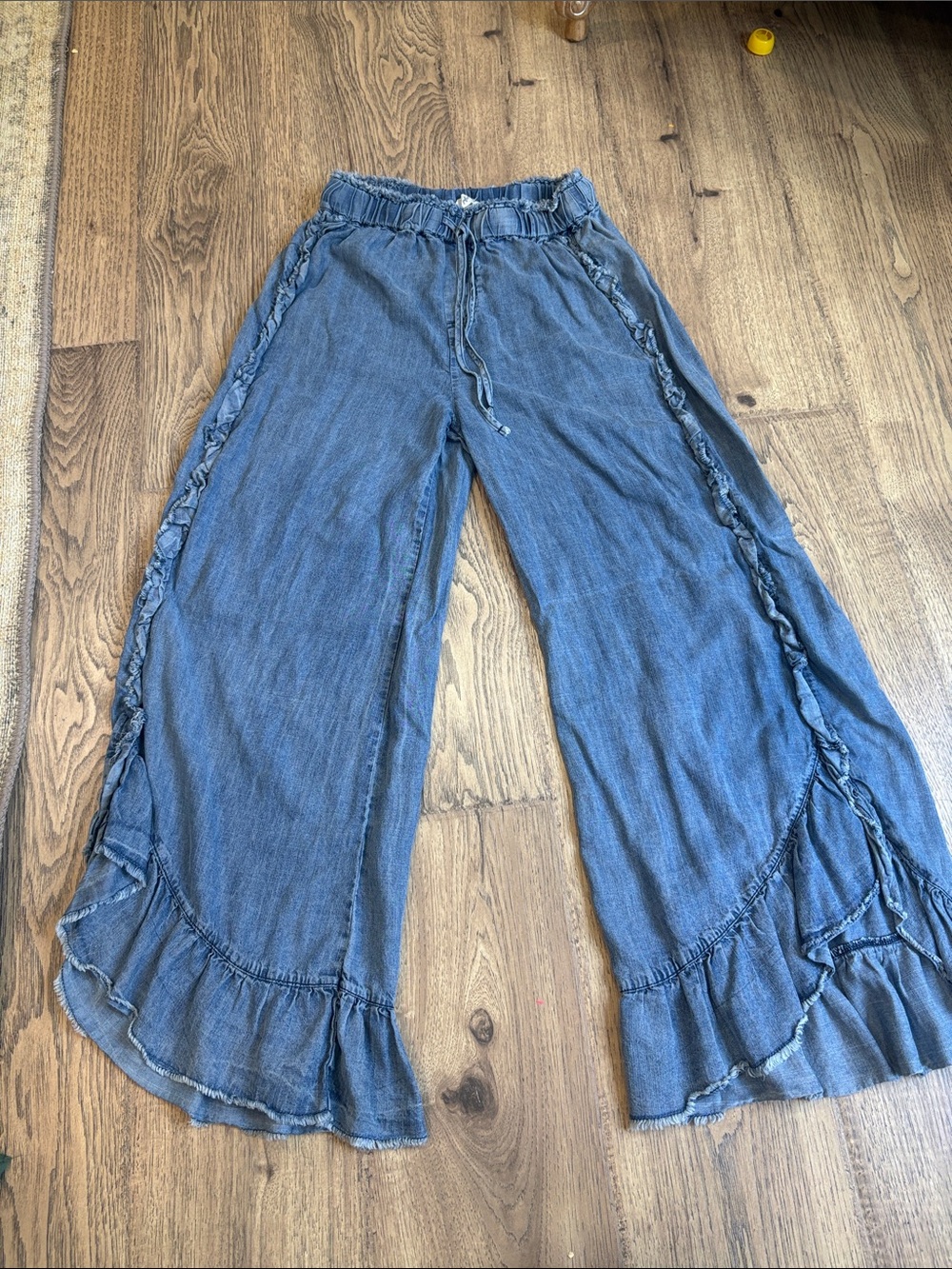 easel Blue Wide Leg Ruffle Hem Pants
